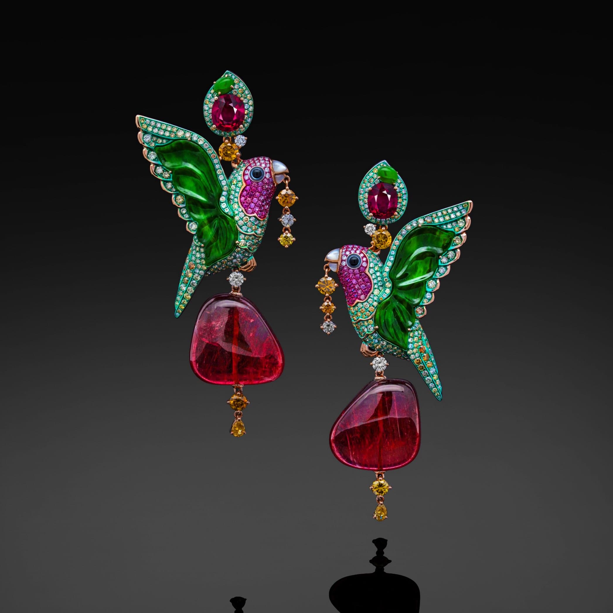 High Jewelry Parrot Earrings with Ruby, Tsavorite, and Diamond