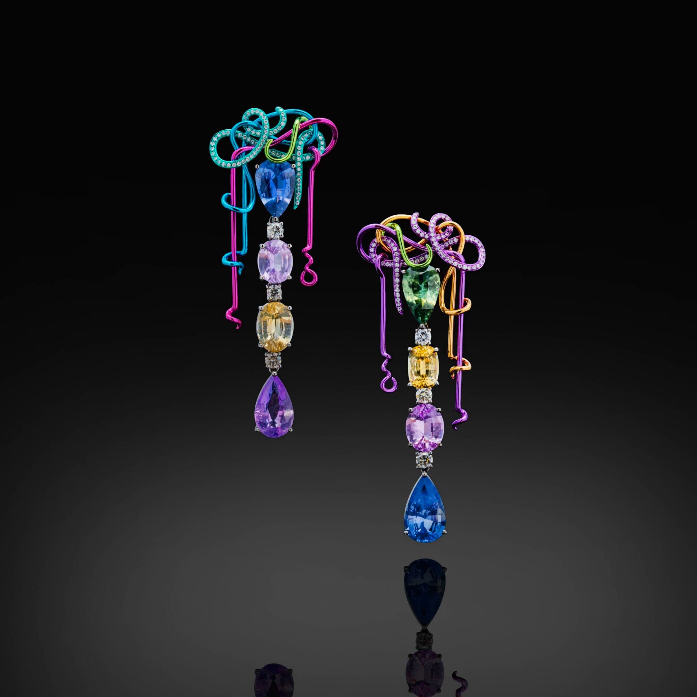 Multicoloured Gemstone Drop Earrings with Enamel
