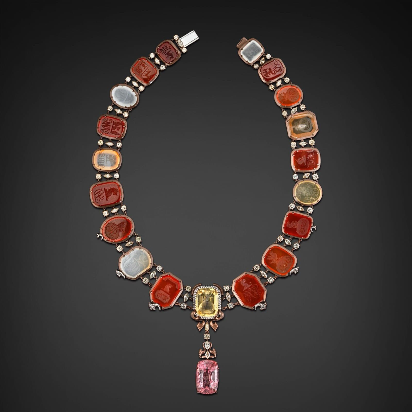 Multi-Stone Gemstone Necklace with Red Intaglios, Moonstone, Tourmaline and Diamonds