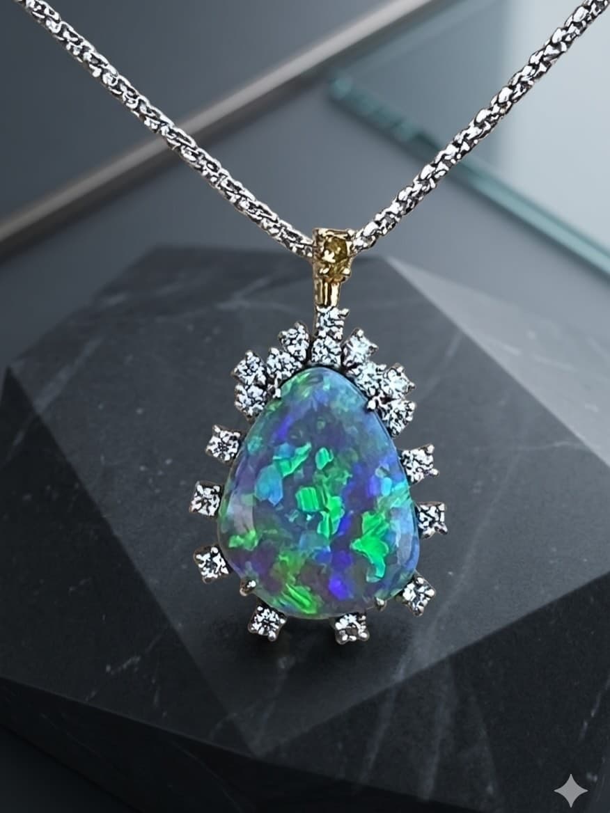 White Gold Black Opal Diamond Pendant Necklace