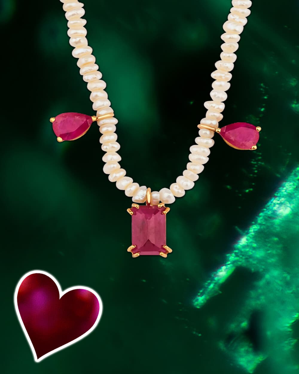 Pearl Necklace with Mozambican Ruby Pendant and Earrings