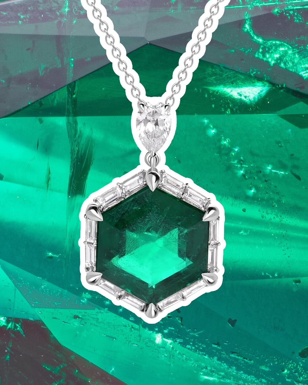 White Gold Zambian Emerald Pendant with Diamond Accents