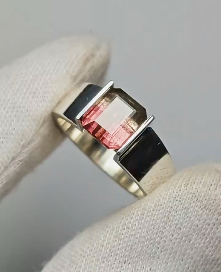 Silver Ring with Pink Tourmaline and Black Onyx
