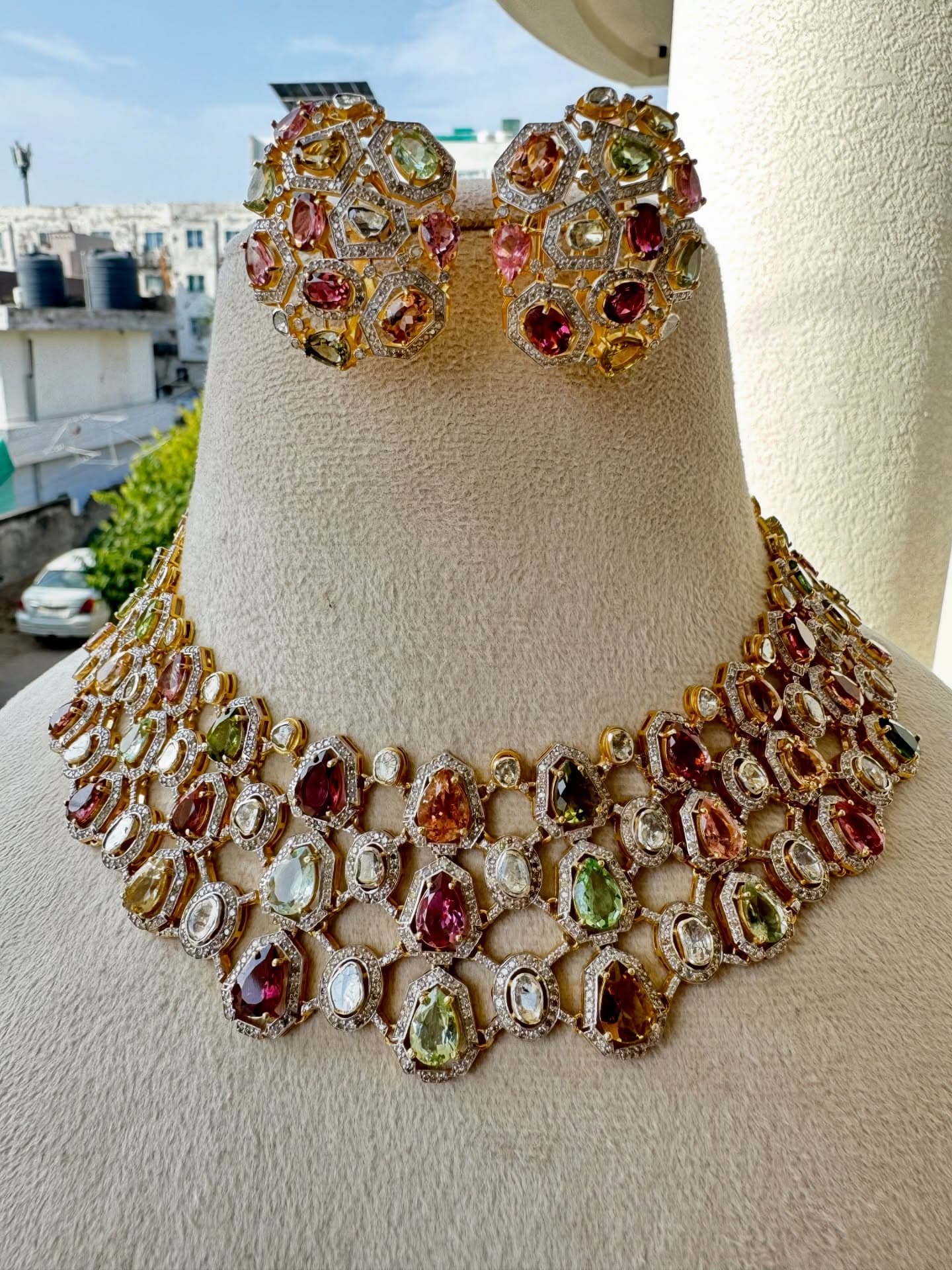 Gold Multi-Gemstone Necklace and Earrings Set