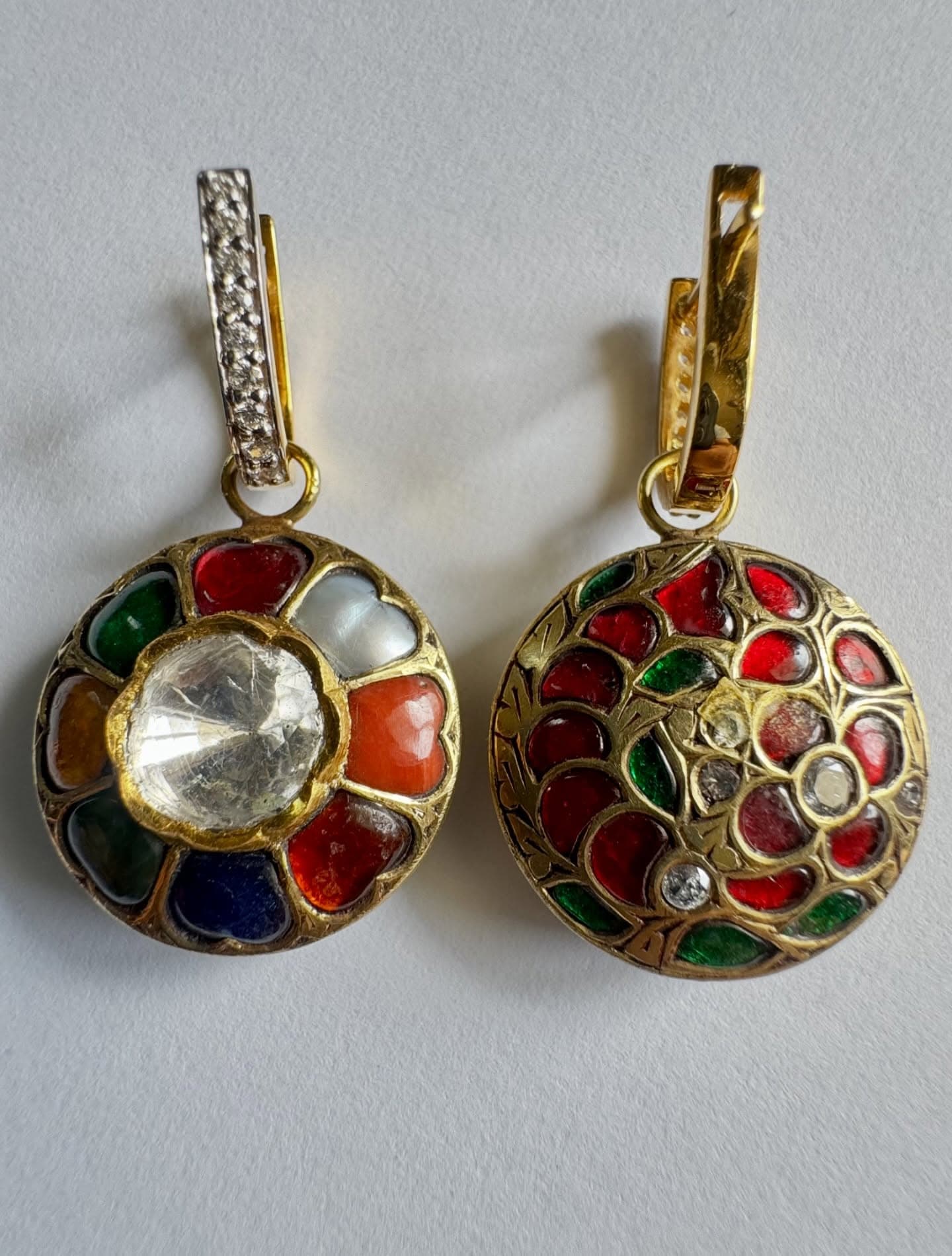 Gold Gemstone Pendant Pair with Enamel Work
