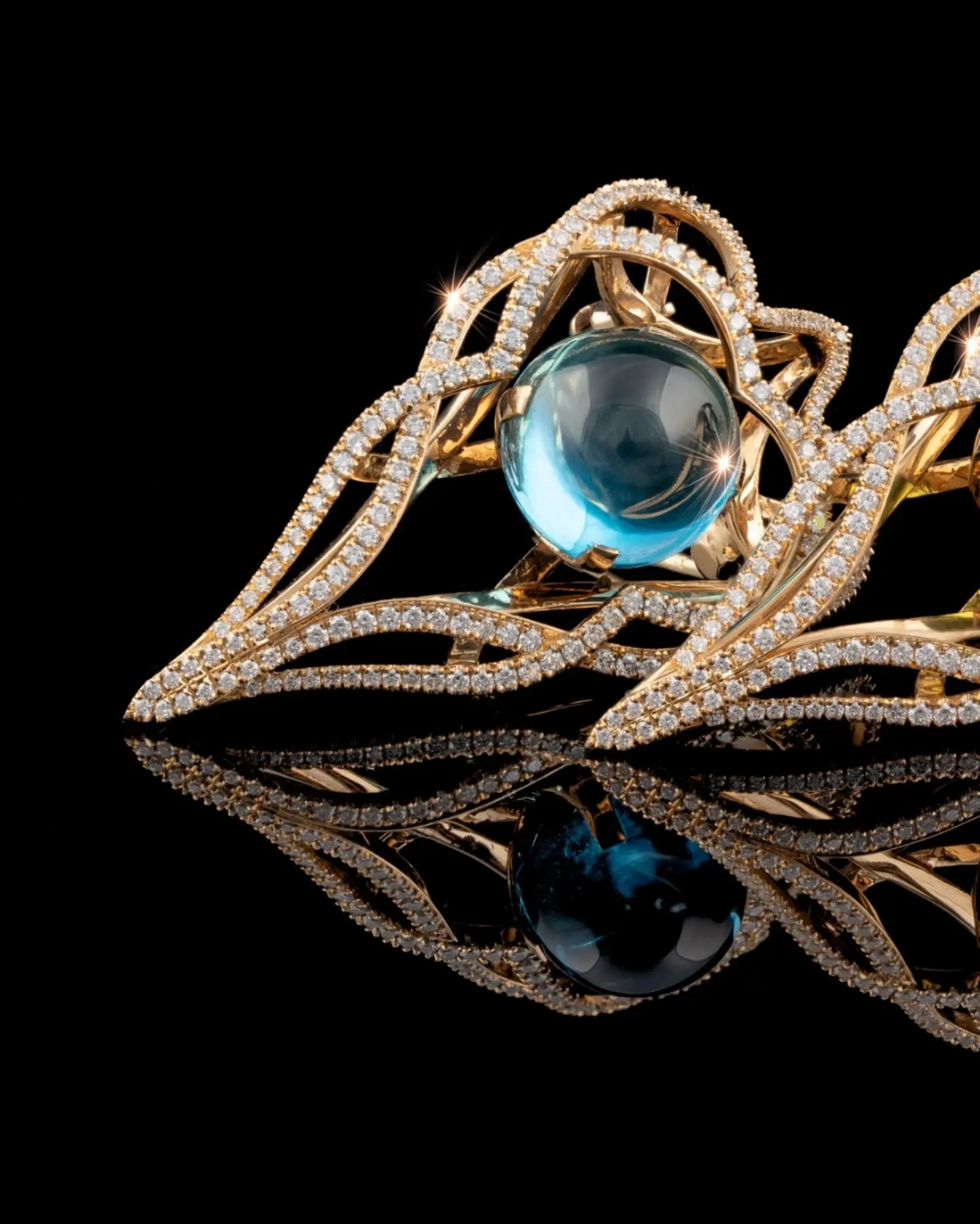 18kt Gold Diamond Pavé Brooches with Cabochon Gemstones