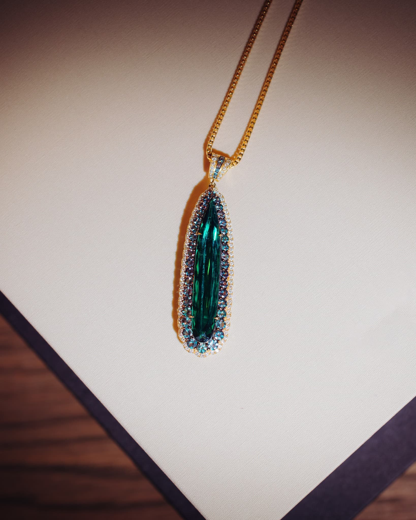 Yellow Gold Deep Green Tourmaline Diamond Pendant Necklace