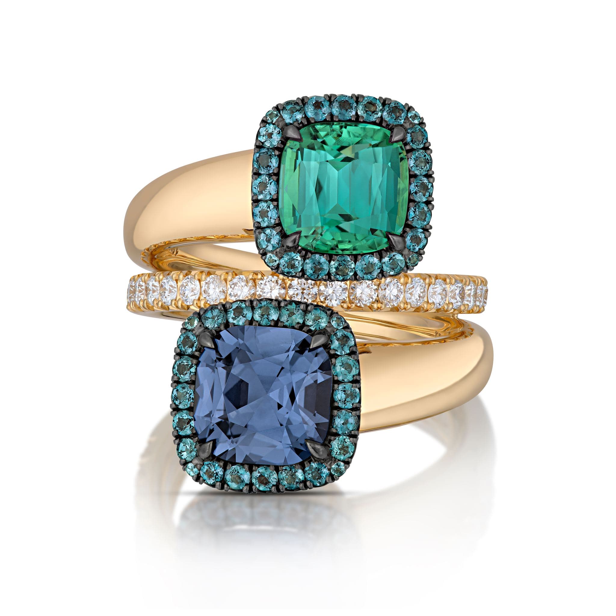 18k Yellow Gold Cushion Tourmaline & Spinel Ring with Alexandrite & Diamond Halo